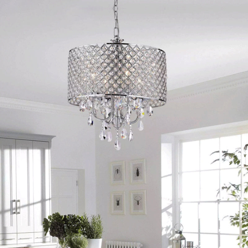 Chrome Finish Candle Chandelier Modern 4-Light Metal Pendant Light with Drum Crystal Shade