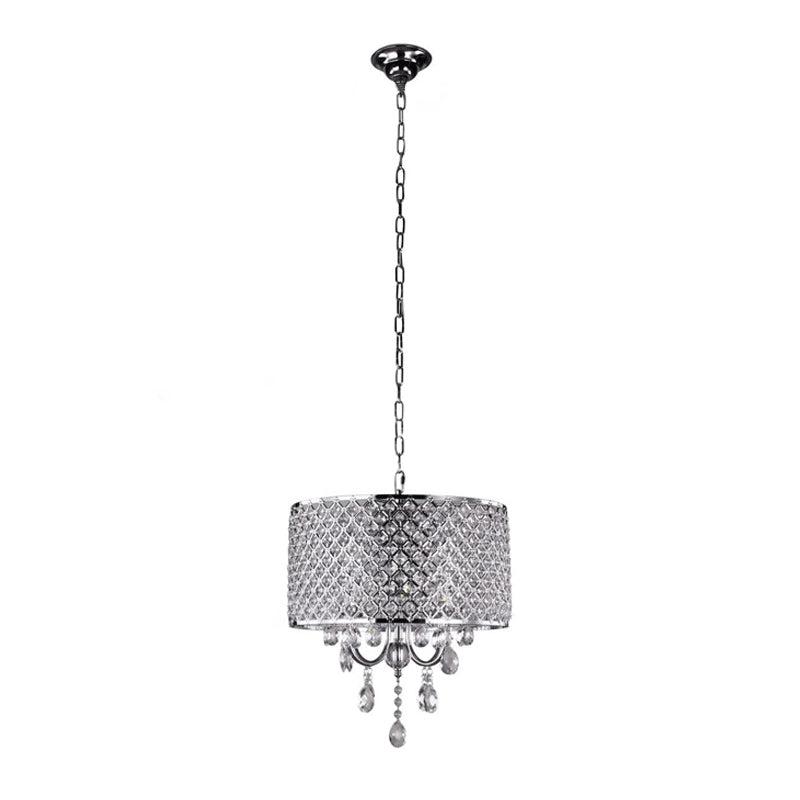 Chrome Finish Candle Chandelier Modern 4-Light Metal Pendant Light with Drum Crystal Shade