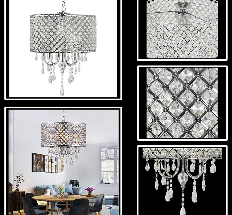 Chrome Finish Candle Chandelier Modern 4-Light Metal Pendant Light with Drum Crystal Shade