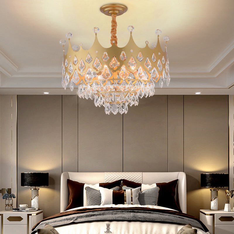 Postmodern Crown Shaped Chandelier Pendant Crystal Dining Room Hanging Light in Gold