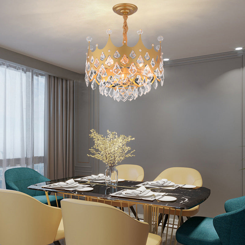 Postmodern Crown Shaped Chandelier Pendant Crystal Dining Room Hanging Light in Gold