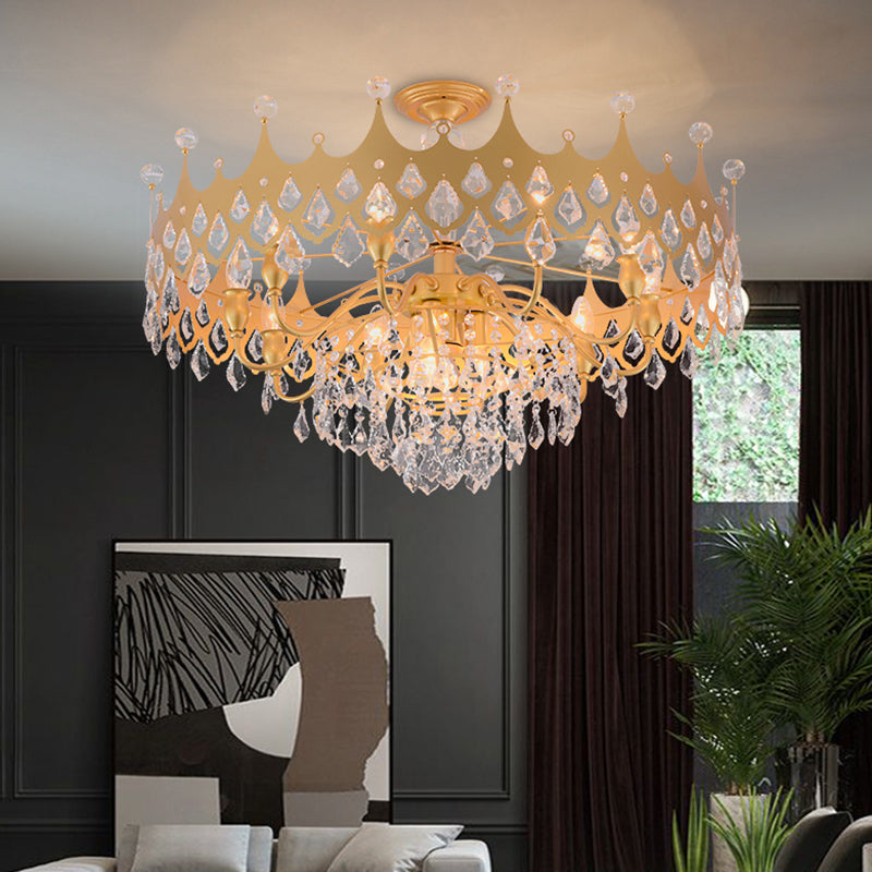 Postmodern Crown Shaped Chandelier Pendant Crystal Dining Room Hanging Light in Gold