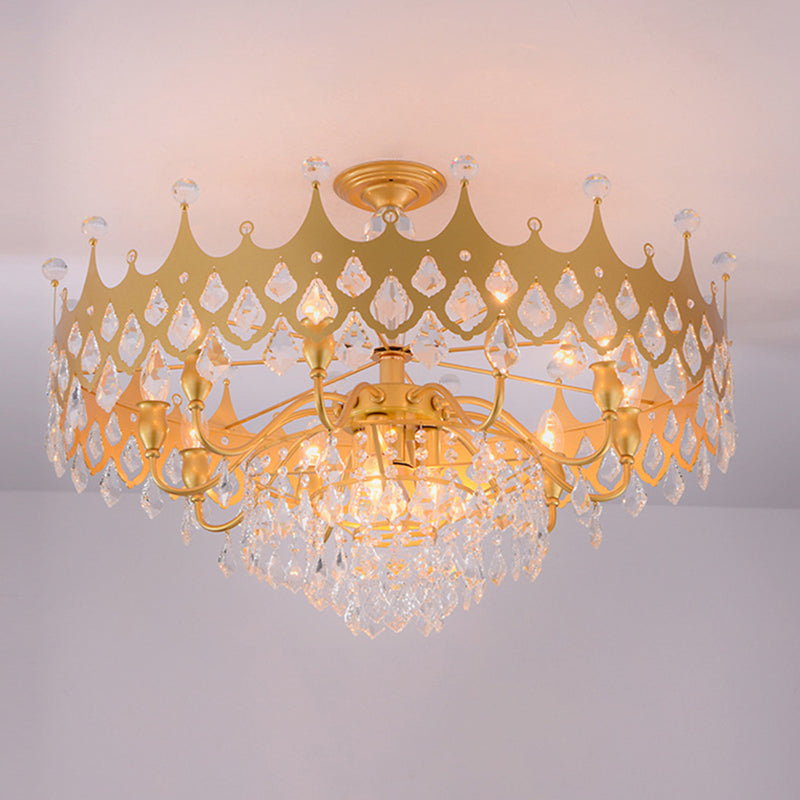 Postmodern Crown Shaped Chandelier Pendant Crystal Dining Room Hanging Light in Gold