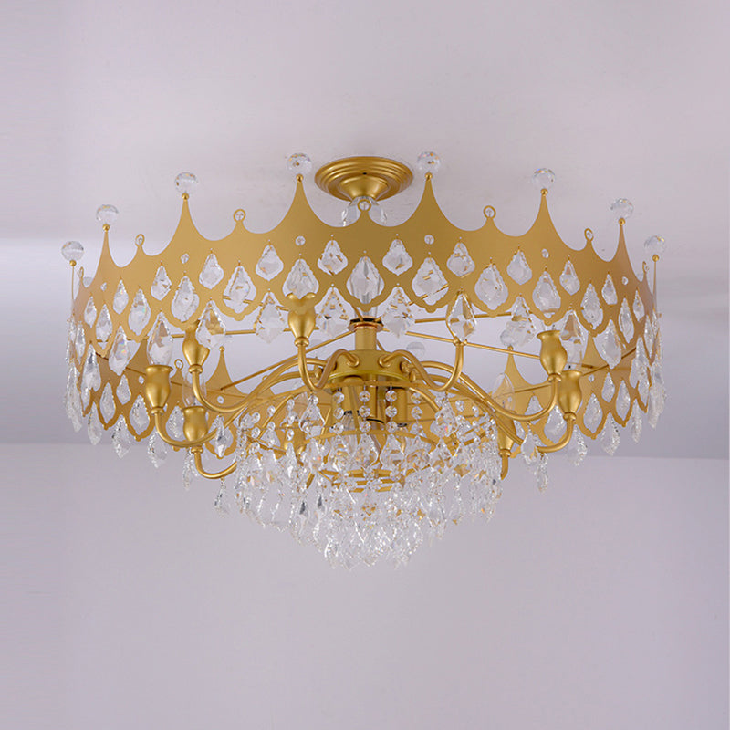 Postmodern Crown Shaped Chandelier Pendant Crystal Dining Room Hanging Light in Gold