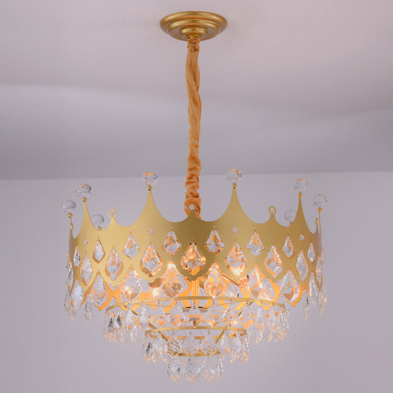 Postmodern Crown Shaped Chandelier Pendant Crystal Dining Room Hanging Light in Gold