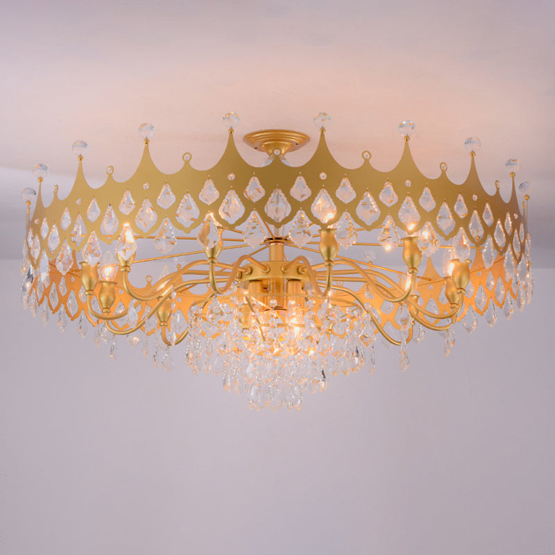 Postmodern Crown Shaped Chandelier Pendant Crystal Dining Room Hanging Light in Gold