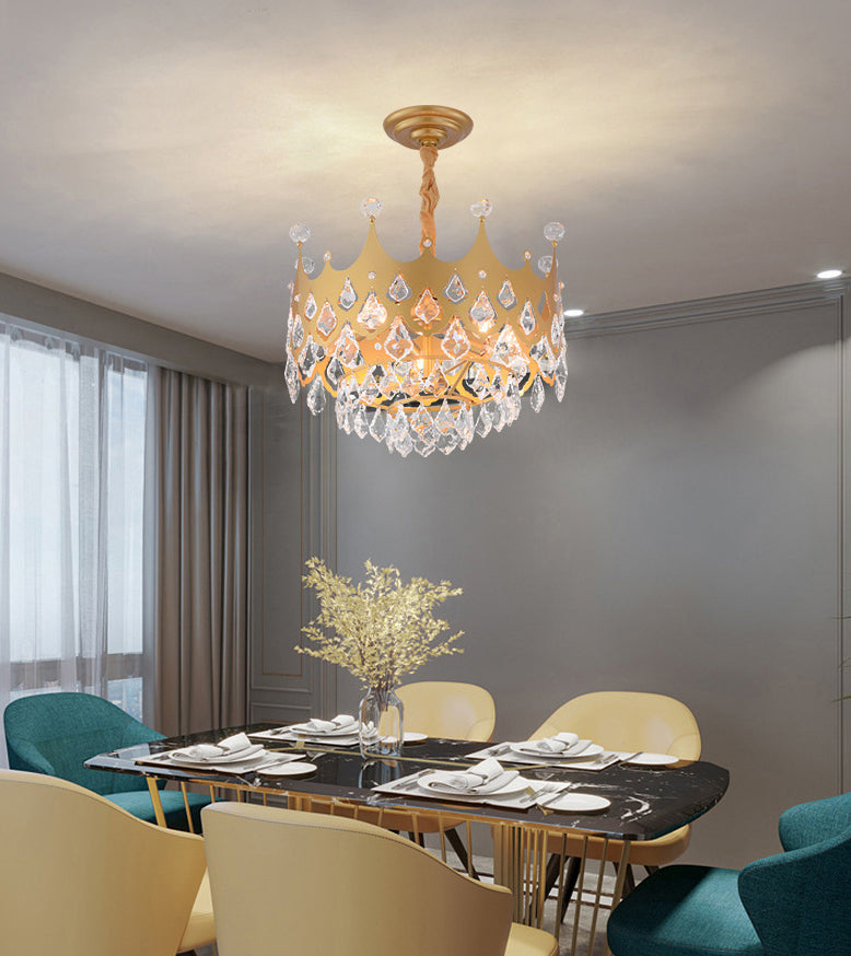 Postmodern Crown Shaped Chandelier Pendant Crystal Dining Room Hanging Light in Gold