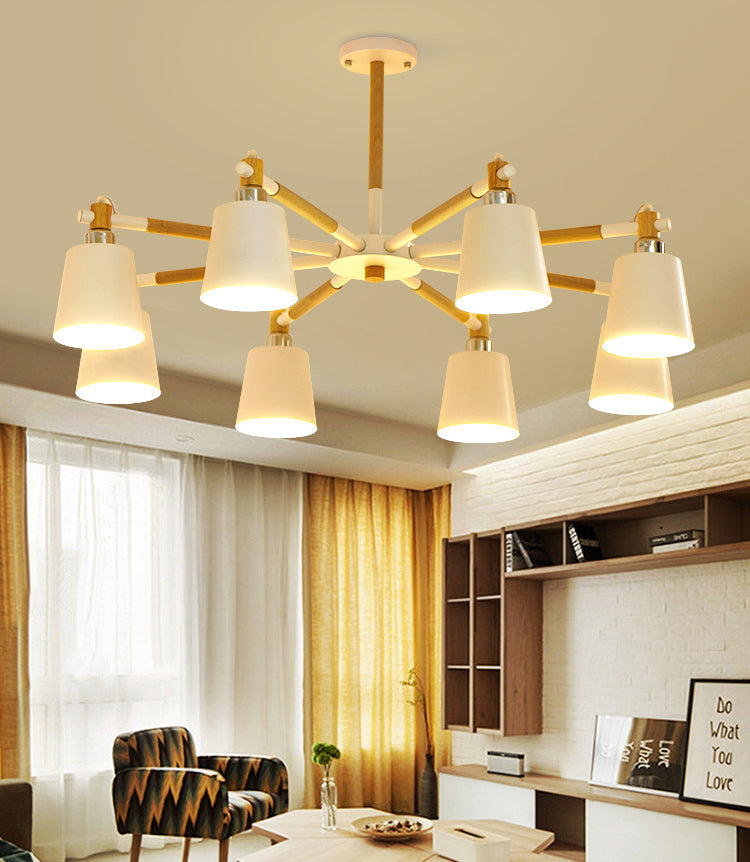 Radial Wooden Chandelier Nordic Style Pendant Light Fixture with Tapered Metal Shade