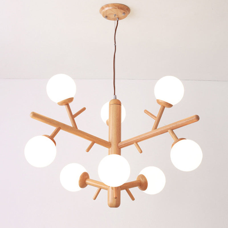 Wooden Tree Branch Chandelier Nordic Hanging Lamp with Ball Opaline Glass Shade