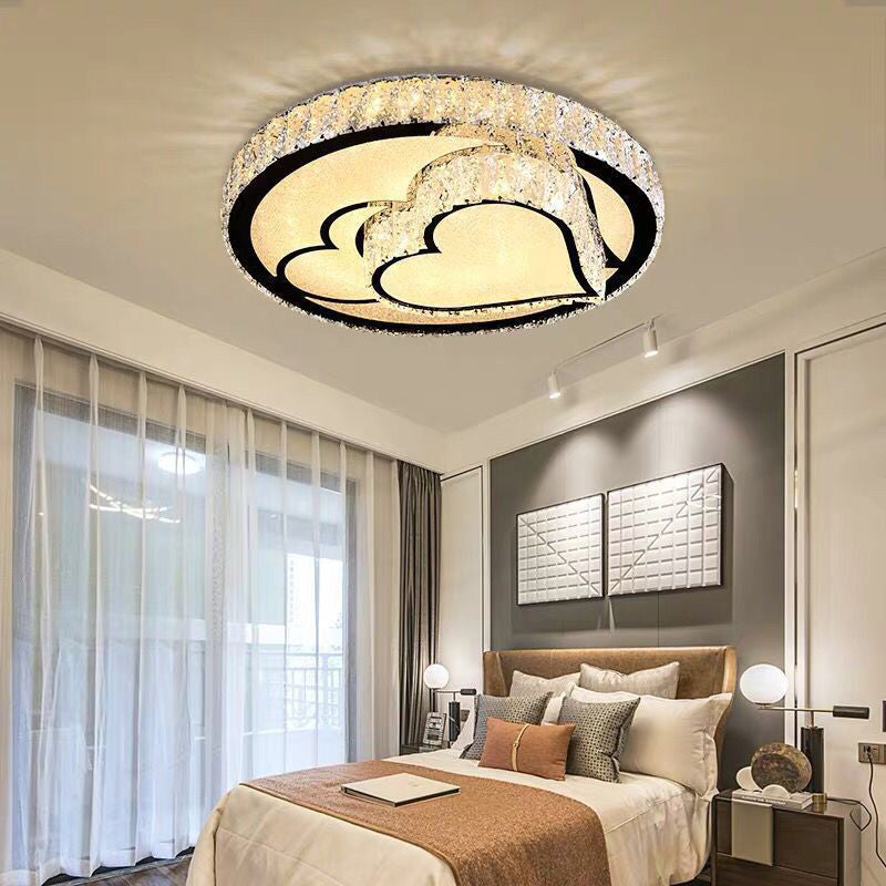 Plafonnier LED moderne en forme de lune blanche et étoile/cœur avec accent de bloc de cristal pour chambre à coucher