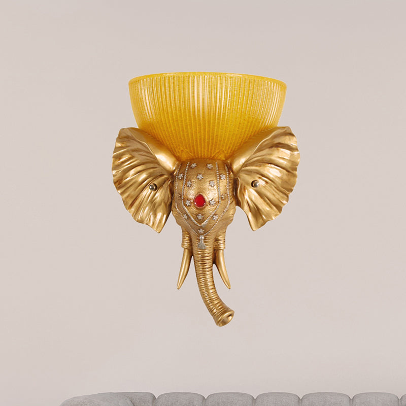 Colonial Bowl Wall Mount Lighting Amber Glass 1 Head Wall Mounted Lamp with White/Gold Elephant Nose toward Left/Right