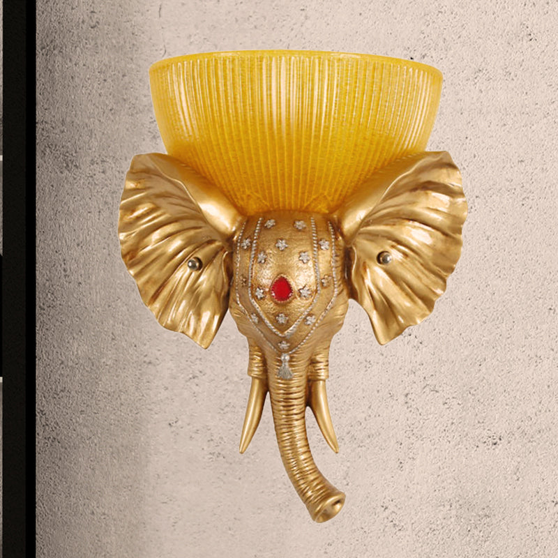 Colonial Bowl Wall Mount Lighting Amber Glass 1 Head Wall Mounted Lamp with White/Gold Elephant Nose toward Left/Right