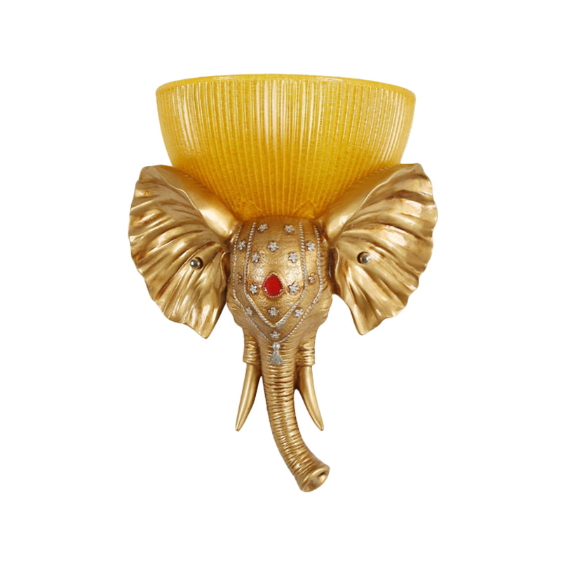 Colonial Bowl Wall Mount Lighting Amber Glass 1 Head Wall Mounted Lamp with White/Gold Elephant Nose toward Left/Right