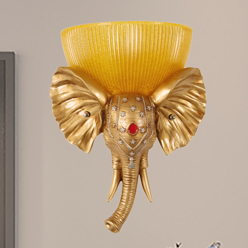 Colonial Bowl Wall Mount Lighting Amber Glass 1 Head Wall Mounted Lamp with White/Gold Elephant Nose toward Left/Right