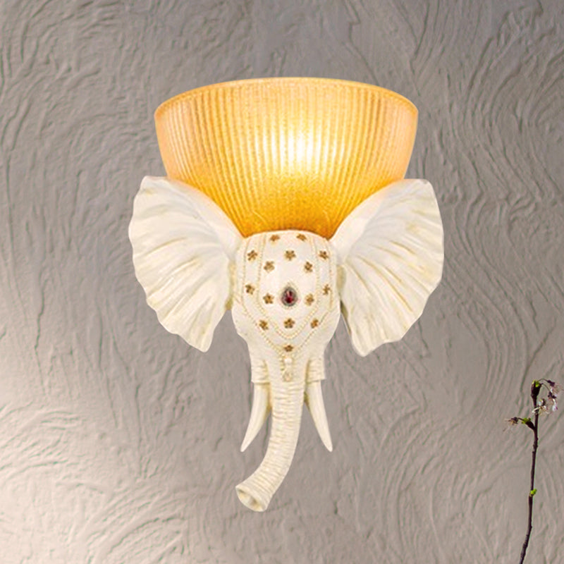 Colonial Bowl Wall Mount Lighting Amber Glass 1 Head Wall Mounted Lamp with White/Gold Elephant Nose toward Left/Right