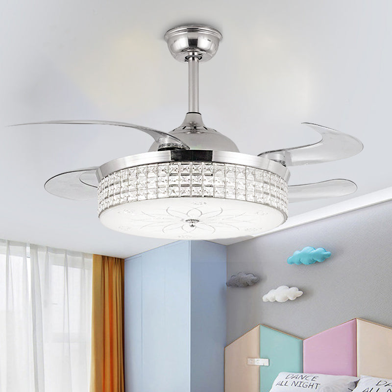 Crystal Round Ceiling Fan Light Contemporary LED Ceiling Mounted Fixture in Silver/Gold with Remote Control/Wall Control/Remote Control and Wall Control