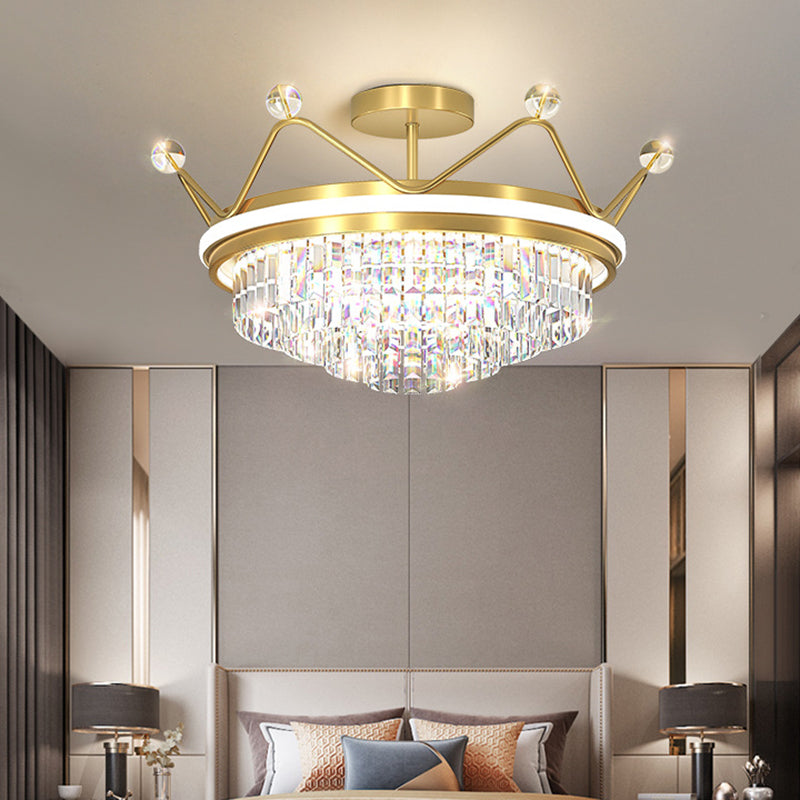 Crystal Crown Ceiling Flush Mount Light Modern LED Close to Ceiling Light in Gold