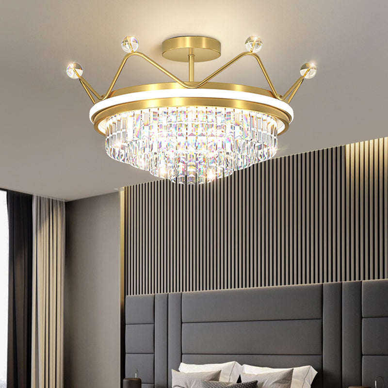 Crystal Crown Ceiling Flush Mount Light Modern LED Close to Ceiling Light in Gold