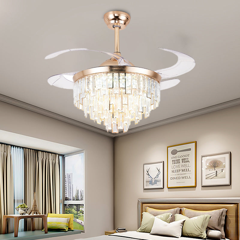 Crystal Cylindrical Ceiling Fan Light Modernism LED Lighting Fixture in Gold with Remote Control/Wall Control/Remote Control and Wall Control for Living Room