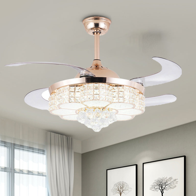 Gold Flower Ceiling Fan Light Contemporary LED Crystal Semi Flush Light with Remote Control/Wall Control/Remote Control and Wall Control