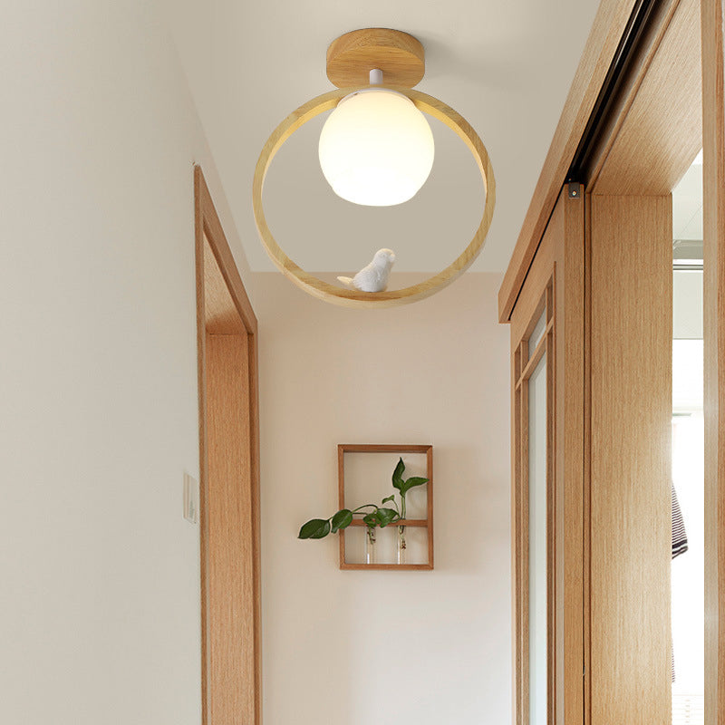 Aisle Ceiling Flush Mount Light Modern Wood Ceiling Mounted Light with Circle Wooden Shade