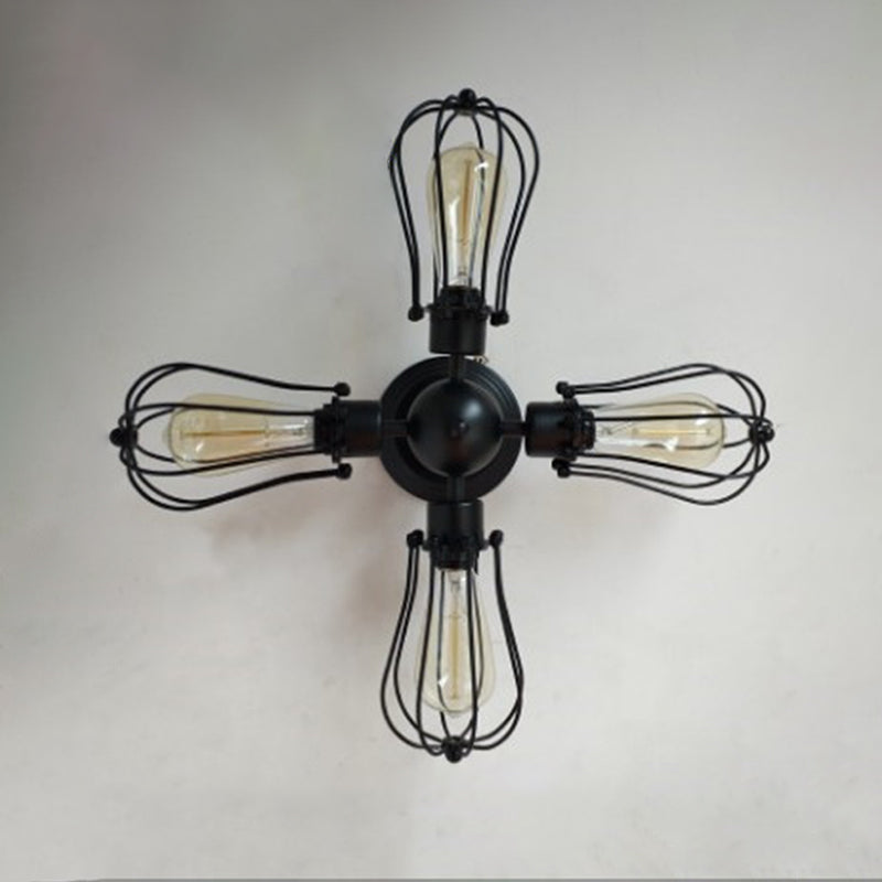 Sputnik Metal Semi Flush Chandelier Industrial Bedroom Semi Flush Mount Light Fixture in Black