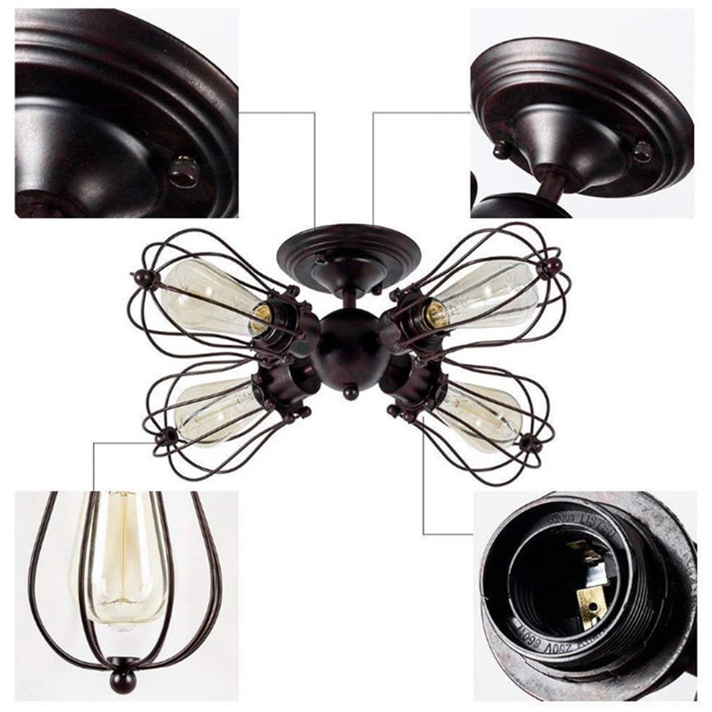 Sputnik Metal Semi Flush Chandelier Industrial Bedroom Semi Flush Mount Light Fixture in Black