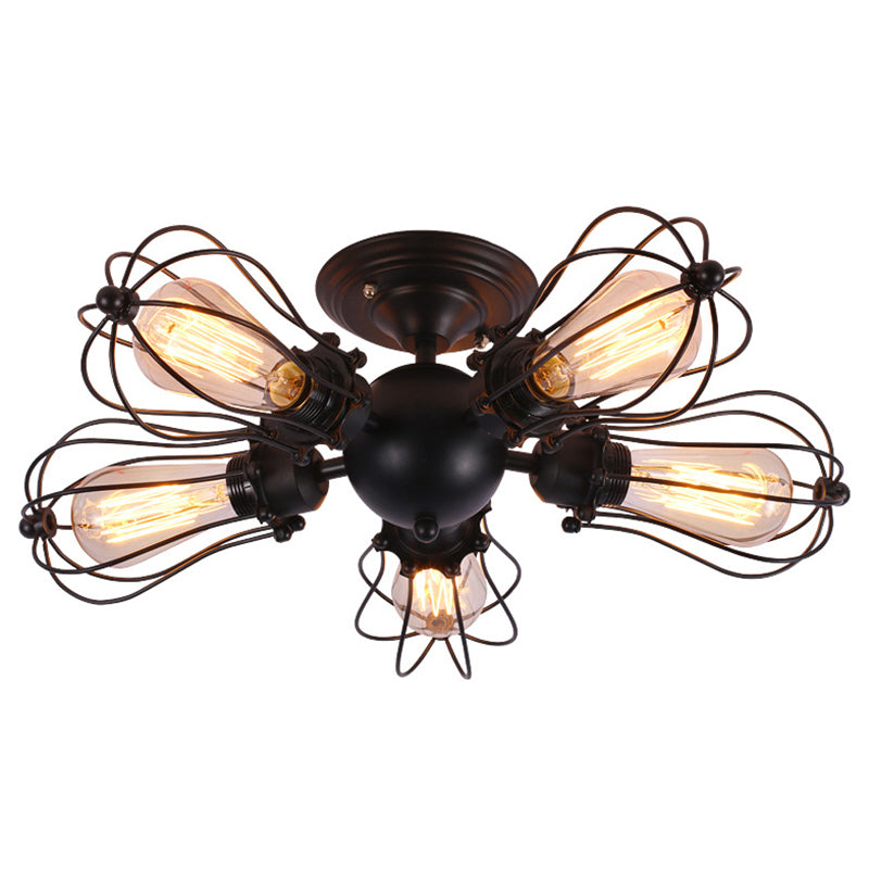 Sputnik Metal Semi Flush Chandelier Industrial Bedroom Semi Flush Mount Light Fixture in Black