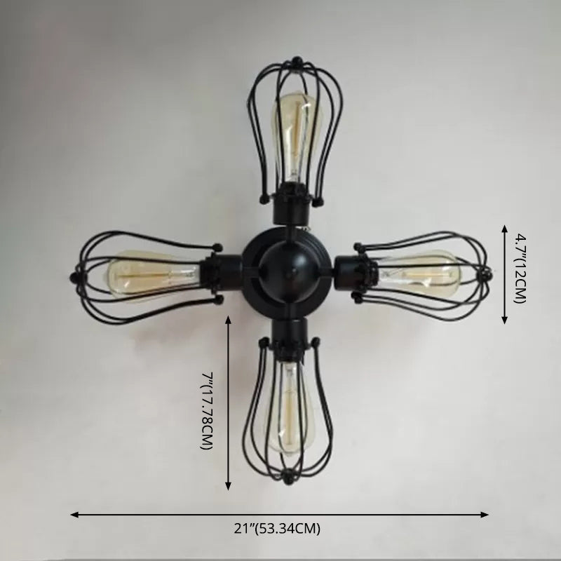 Sputnik metaal semi -spoeling kroonluchter industriële slaapkamer semi -flush mount lamp armatuur in zwart