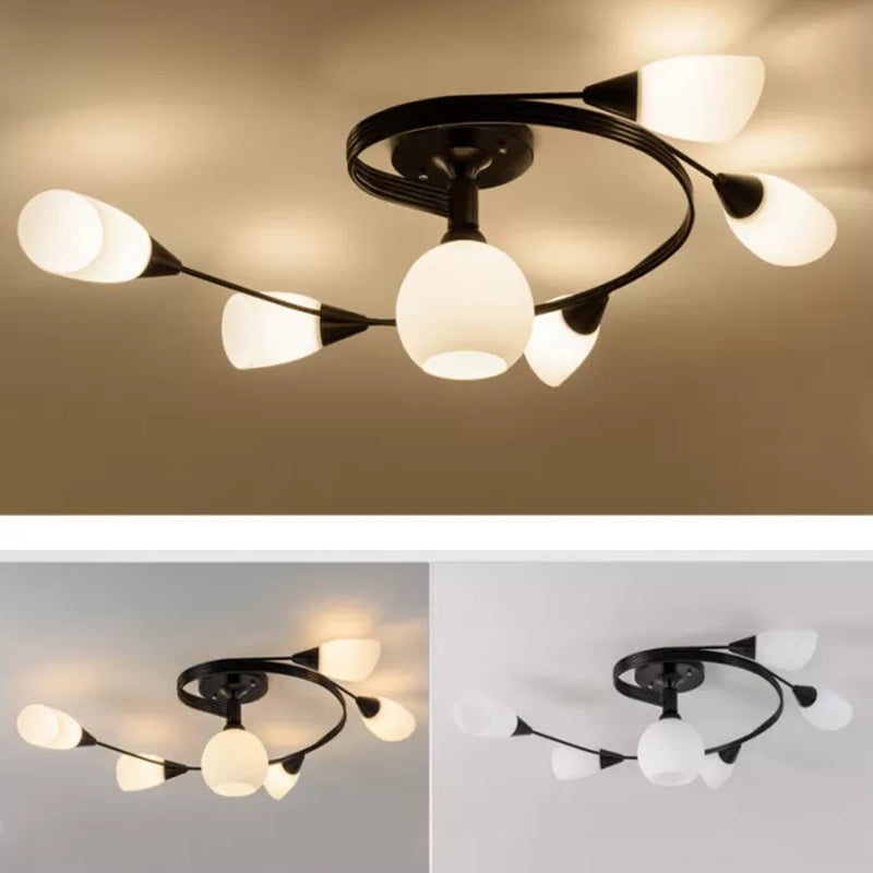 Contemporary Semi Flush Mount Ceiling Fixture Black Twisted Semi Mount Lighting with Glass Shade