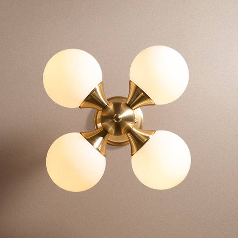 Modern Brass Semi Flush Mount Light 4-Light Sphere Glass Semi Flush Ceiling Light for Bedroom