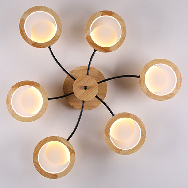 Wooden Circle Semi Flush Ceiling Light Modern Style LED Wood Semi Flush Light Fixture