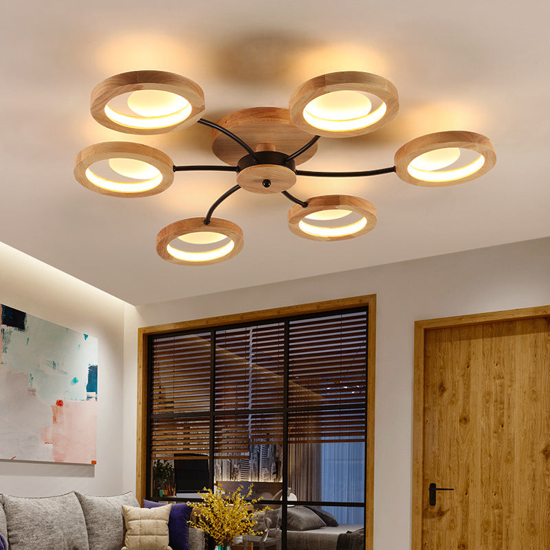 Wooden Circle Semi Flush Ceiling Light Modern Style LED Wood Semi Flush Light Fixture