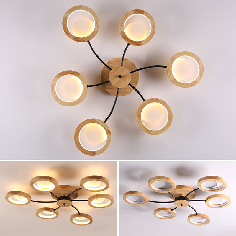 Wooden Circle Semi Flush Ceiling Light Modern Style LED Wood Semi Flush Light Fixture