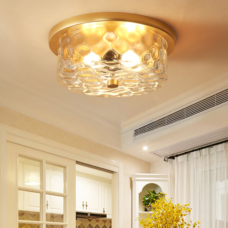 Colonial Drum Ceiling Light Fixture 3 Bulbs Clear Dimple Glass Flush Mount Lighting in Brass for Living Room