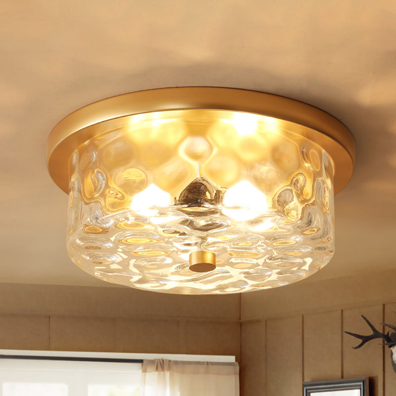 Colonial Drum Ceiling Light Fixture 3 Bulbes Clear Dimple Glass Flush Mount Lighting in Brass for Living Room