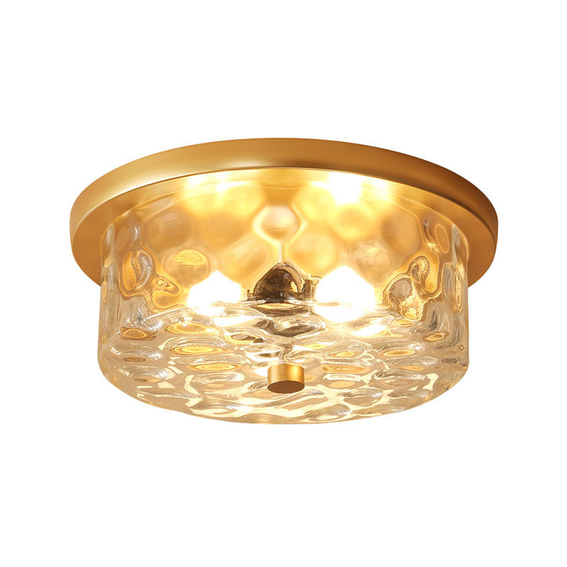 Colonial Drum Ceiling Light Fixture 3 Bulbes Clear Dimple Glass Flush Mount Lighting in Brass for Living Room