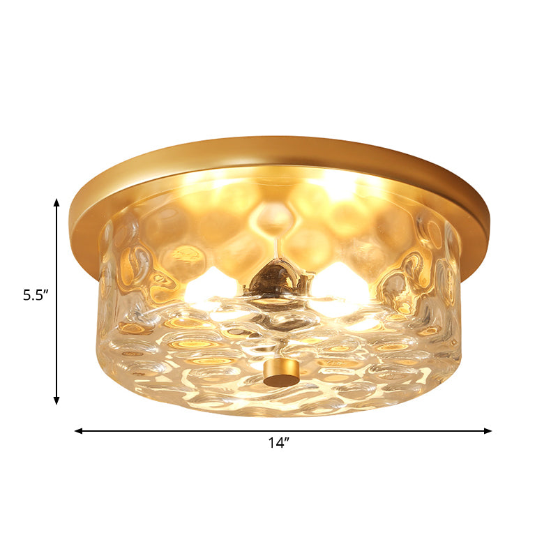 Colonial Drum Ceiling Light Fixture 3 Bulbes Clear Dimple Glass Flush Mount Lighting in Brass for Living Room