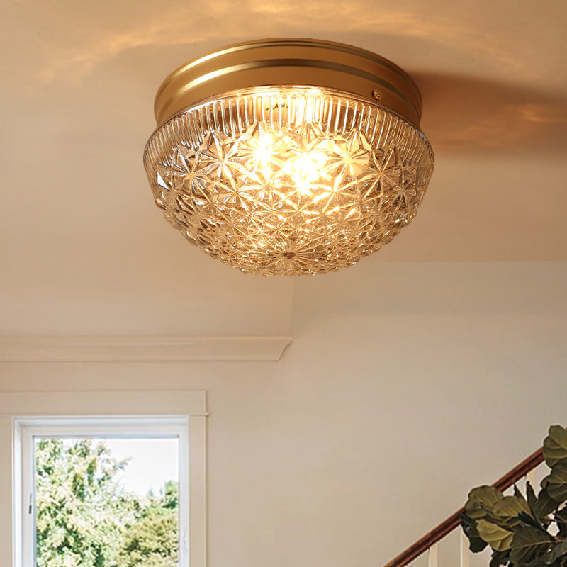 2 Bulbi Bowl Massimale Monte Coloniale Gold Clear Ribbed Glass Flush Light Fixture per Bedroom