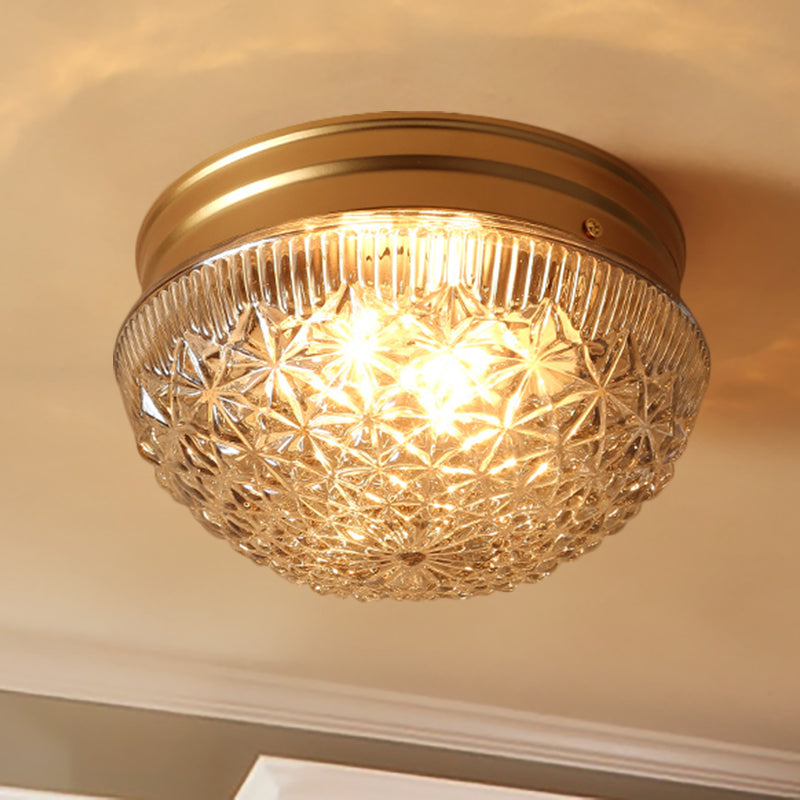 2 Bulbos Bowl Techo Mount Colonial Gold clear Ribbed Glass Flush Light Fixture for Bedroom