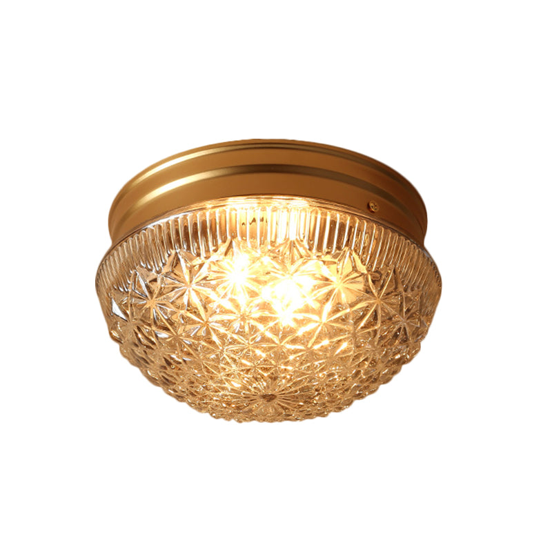 2 Bulbos Bowl Techo Mount Colonial Gold clear Ribbed Glass Flush Light Fixture for Bedroom