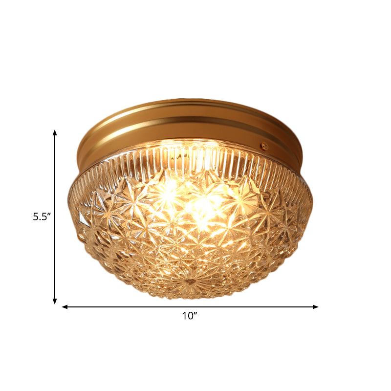 2 Bulbos Bowl Techo Mount Colonial Gold clear Ribbed Glass Flush Light Fixture for Bedroom