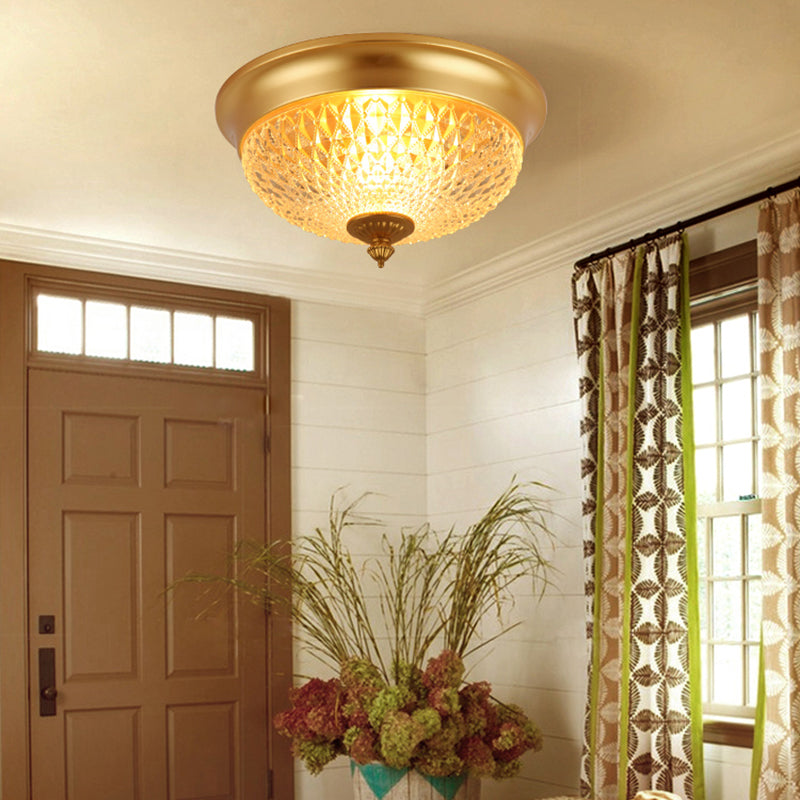 Dome Bedroom Flush Mount Light Colonial Lattice Glass 2 Bulbs Brass Close to Ceiling Lighting Fixture