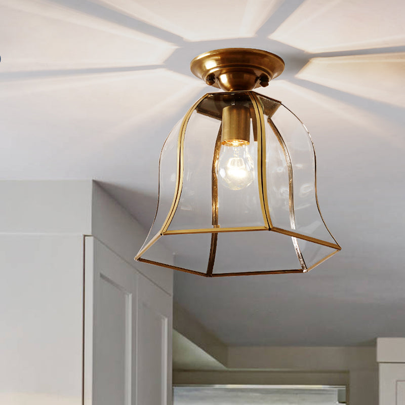 Clear Glass Bell Soffitto Illuminazione Coloniale 1 Testa Foyer Flush Montaggio Fixture in Brass