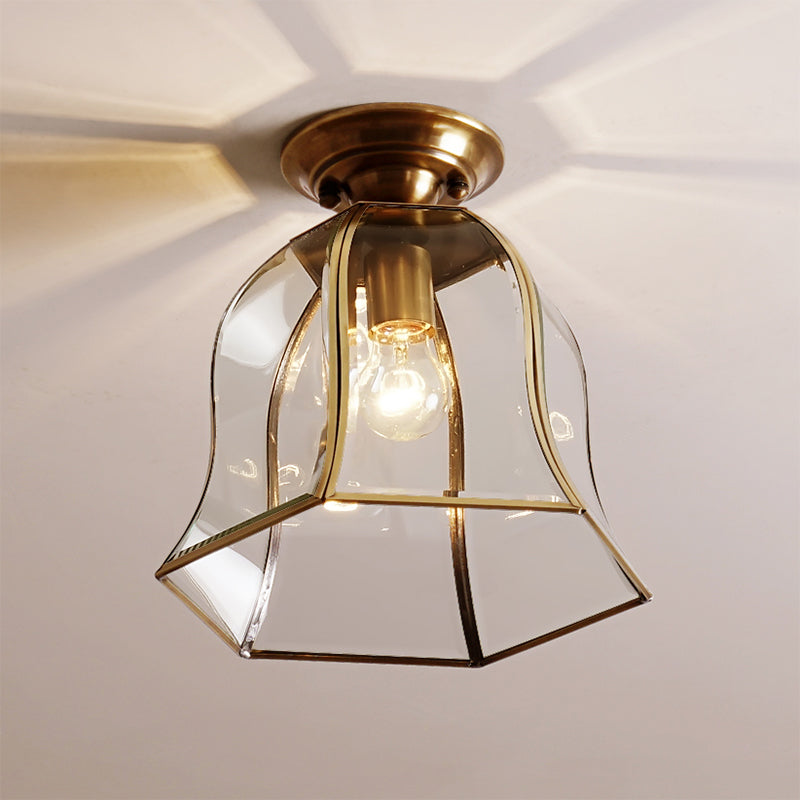 Clear Glass Bell Ceiling Lighting Colonial 1 Head Foyer Flush Mount Fixture in Brass