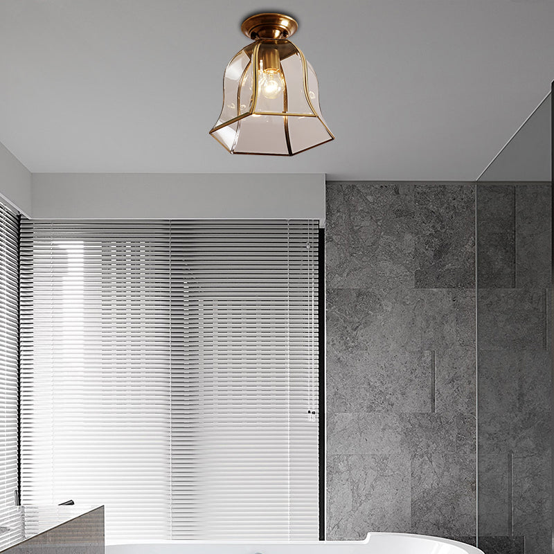 Clear Glass Bell Soffitto Illuminazione Coloniale 1 Testa Foyer Flush Montaggio Fixture in Brass