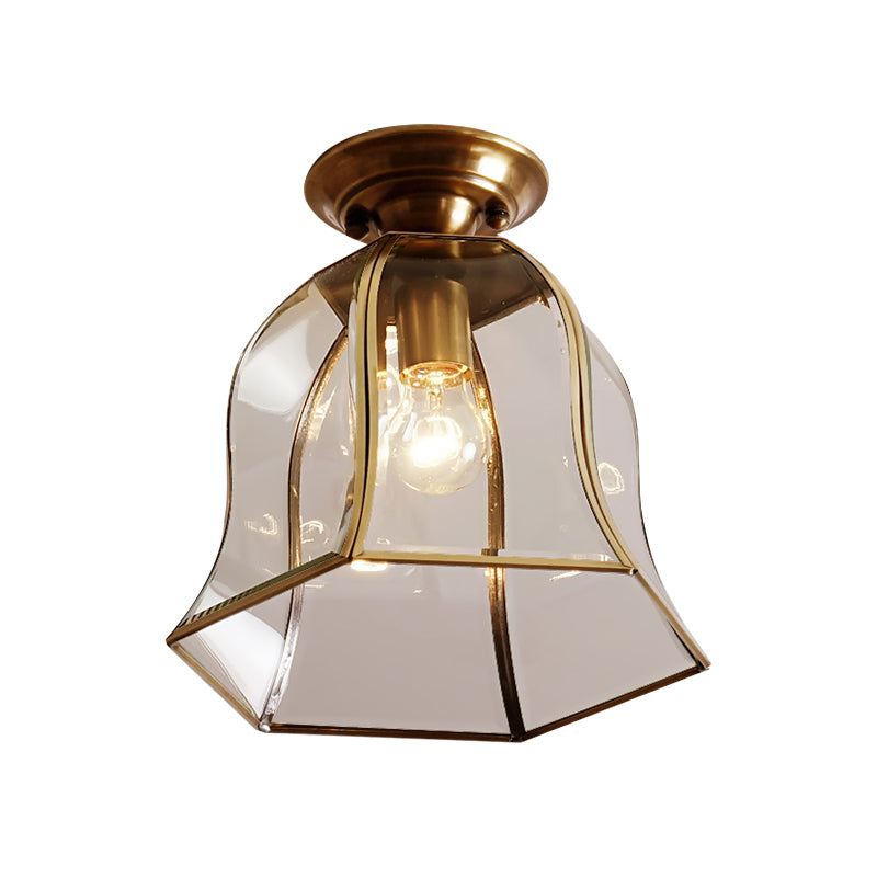 Clear Glass Bell Ceiling Lighting Colonial 1 Head Foyer Flush Mount Fixture in Brass