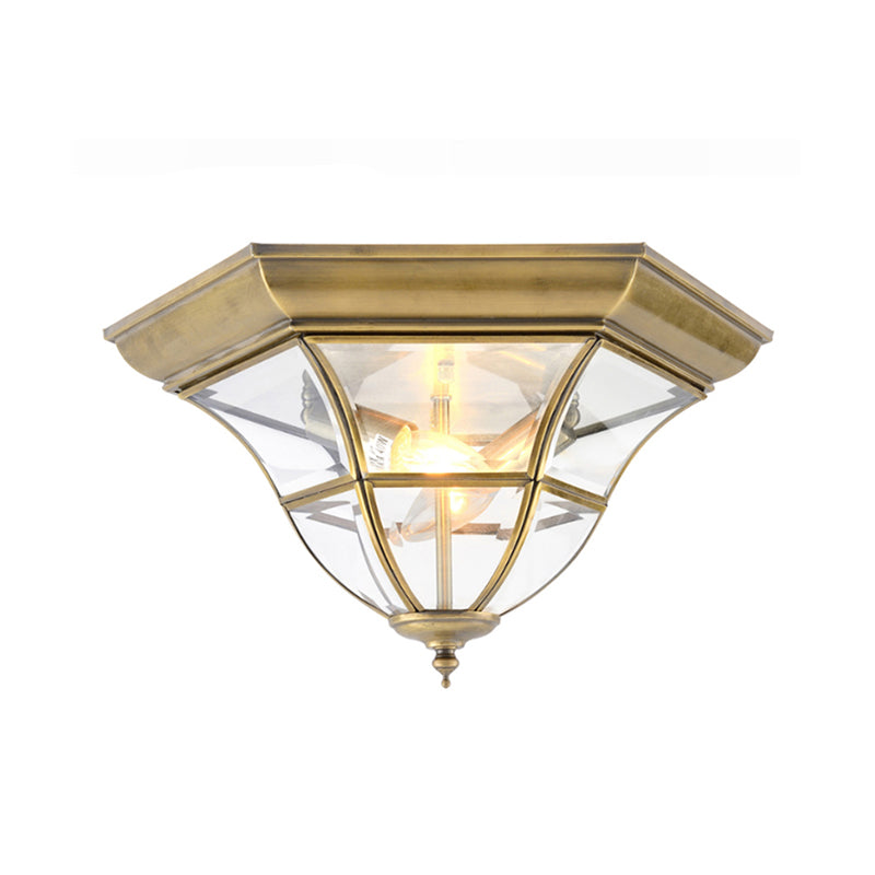 Colonialism Bell Ceiling Mount Light Fixture 3 Bulbs Clear Curved Glass Flush Mount Chandelier in Brass