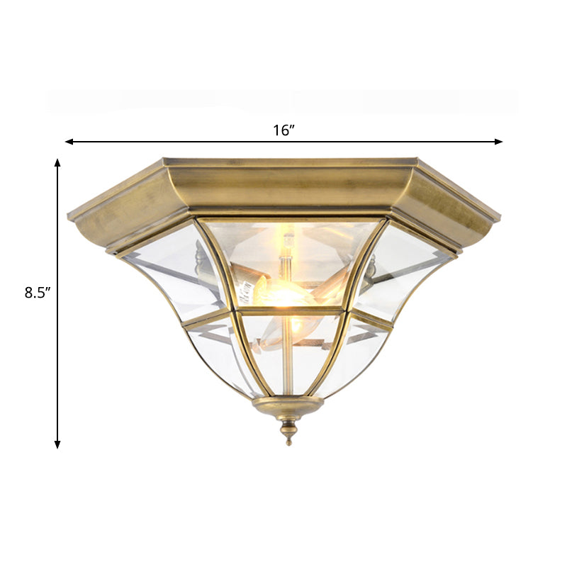 Colonialism Bell Ceiling Mount Light Fixture 3 Bulbs Clear Curved Glass Flush Mount Chandelier in Brass