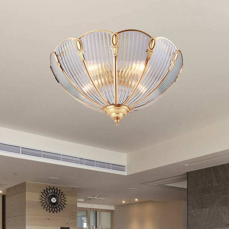 3-Light Prismatic Glass Flush Light Colonialist Brass Scalloped Living Room Close to Ceiling Lighting